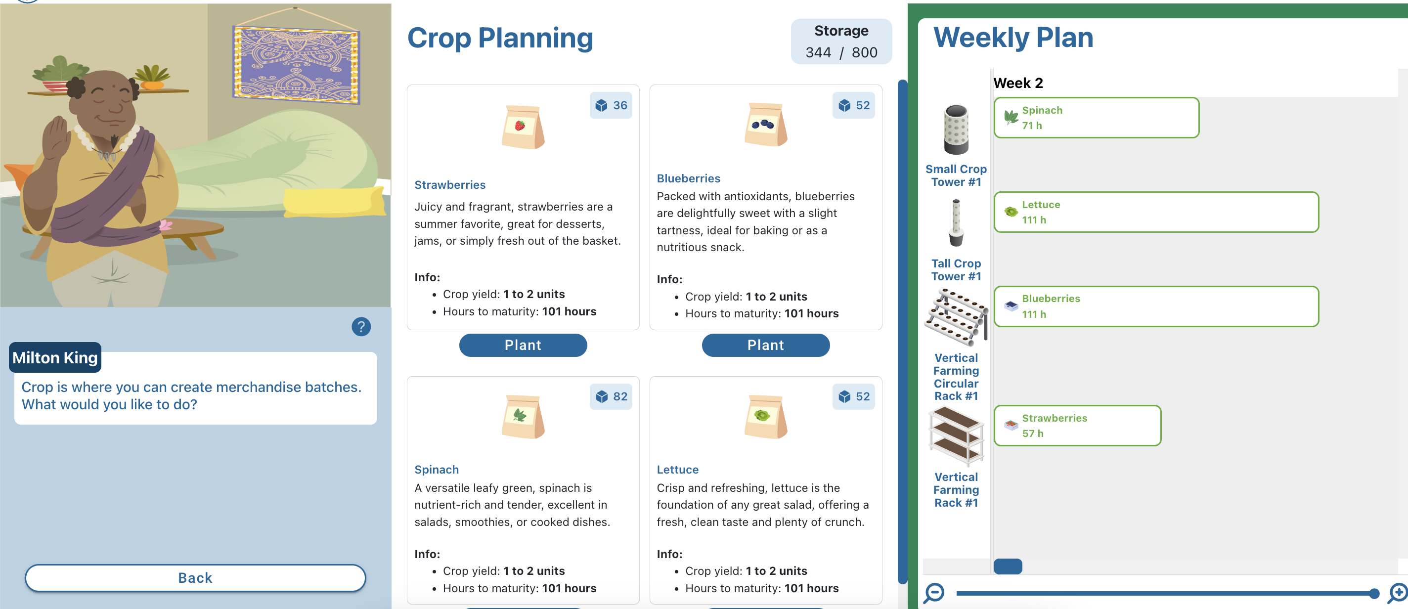 Screenshot from the Startup Wars business simulation game showing crop planning for vertical farming, including options to plant strawberries, blueberries, spinach, and lettuce. The weekly plan displays the time required for each crop's growth. The character Milton King guides the player in creating merchandise batches. The game simulates entrepreneurship and vertical farming strategies